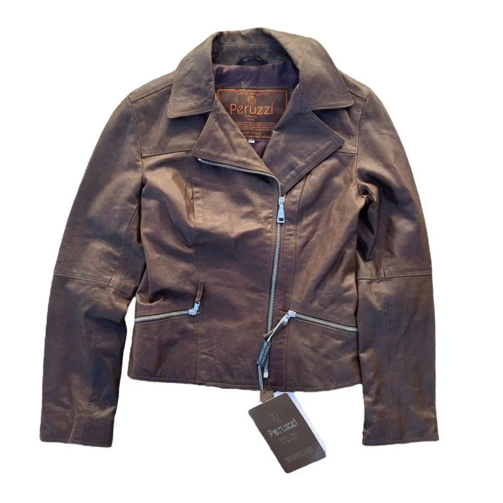 Peruzzi Vera Pelle‎ Leather Italian Made Moto Style Jacket Brown Women's 2
